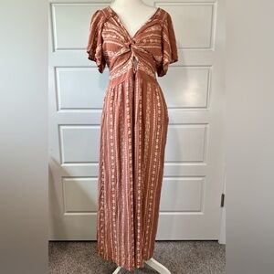 Angie Rust Jumpsuit with Sweetheart Neckline and Flutter Sleeves‎